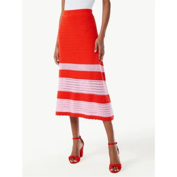 Scoop Dresses & Skirts - Scoop Crochet Scalloped Hem Red Pink Striped A Line Pull On Midi Skirt Large
